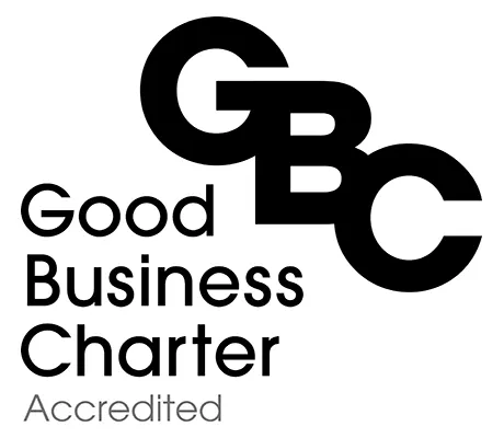black and white image showing the letters G B and C with the words Good Business Charter to the left hand side